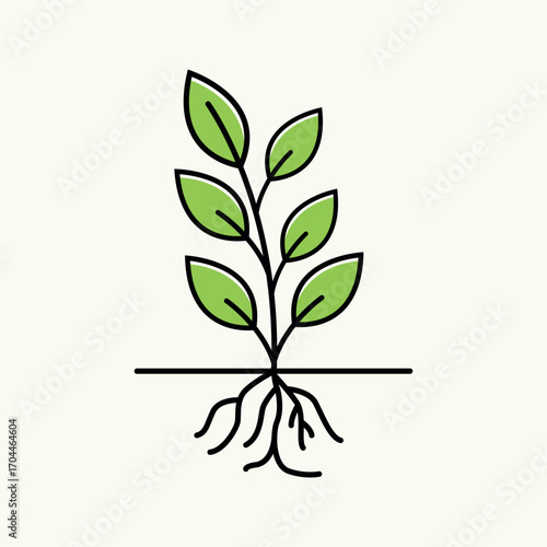 Stylized plant icon with visible roots representing nature and growth