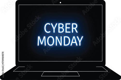 Laptop screen displays glowing blue neon text Cyber Monday on white background computer