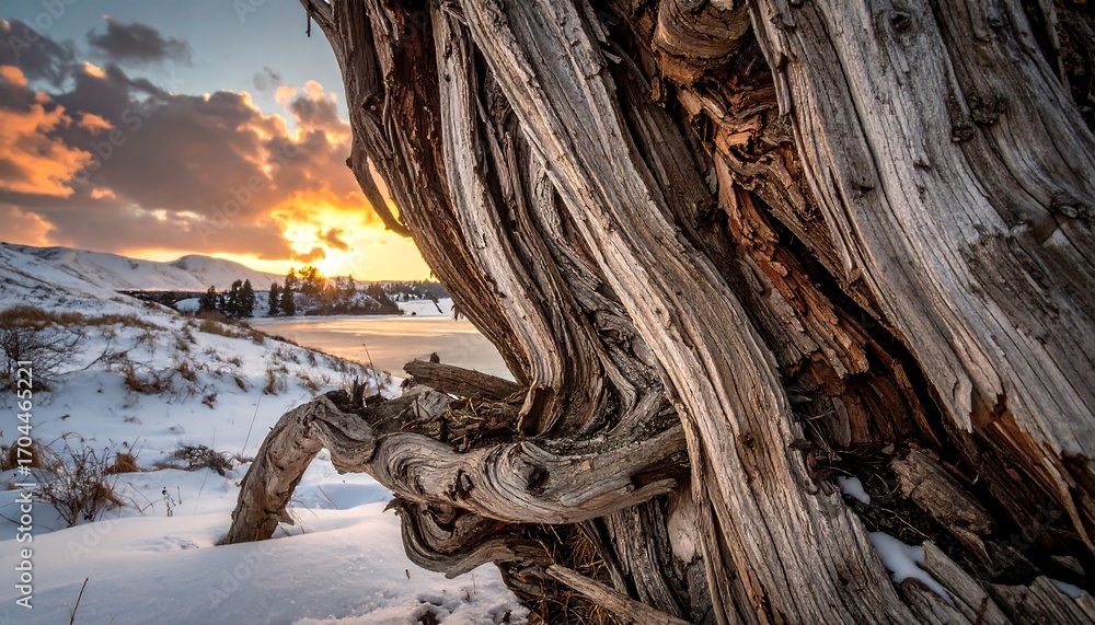 Fototapeta premium Winter sunset through gnarled tree trunk