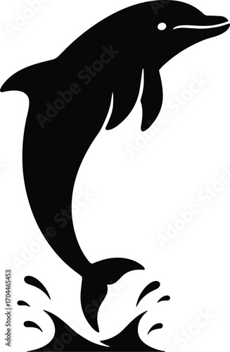 Minimal vector silhouette, dolphin spinning upright mid-air, vertical body, solid black
