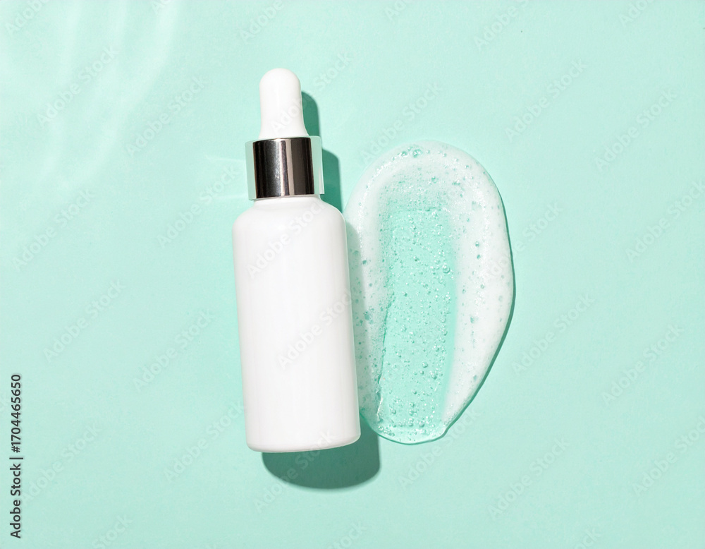 Fototapeta White Dropper Bottle with Silver Accent and Gel Swatch on Mint Background