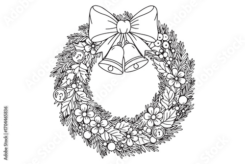 Christmas wreath with bow and bells decorated with flowers and berries holiday decoration