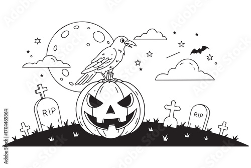 Coloring Page of Crow on Halloween Pumpkin with Moon Gravestones and Bats Outline bird jack o lantern