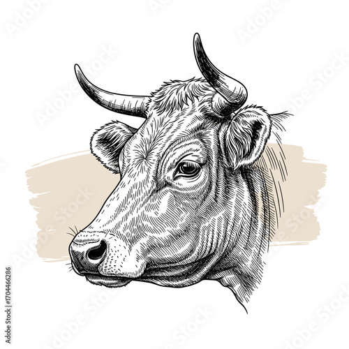 Black and white engraving sketch of cow head on soft beige brush stroke, isolated on white background, vintage etching vector illustration for design, trendy farm animal artwork