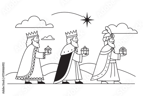 Coloring Page of Three Wise Men with Gifts and Star of Bethlehem Outline kings magi