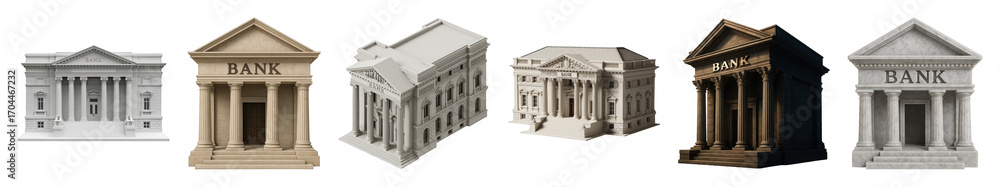 Naklejka premium Bank building set including multiple classic architectural styles, perspectives, and material finishes isolated. Financial services and economic themes.