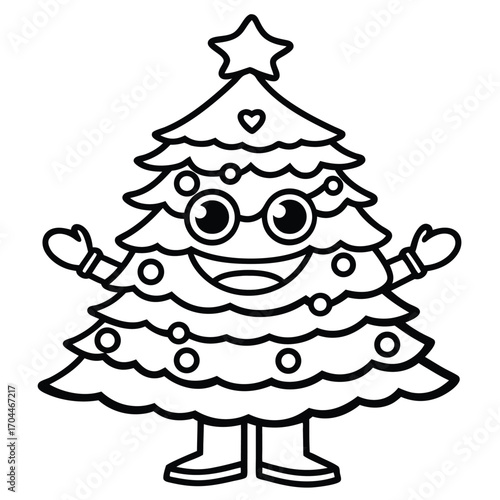 A cheerful cartoon Christmas tree character wearing glasses and mittens with a star on top cute