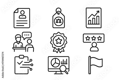 Due Diligence Icons. Line style icons of Due Diligence Process: Company background file, legal audit tag, financial report chart,