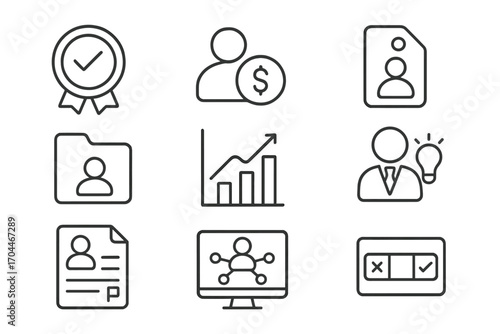Angel Investor Icons. Line style icons of Angel Investor Profile: Accredited investor badge, high net worth icon, private investor