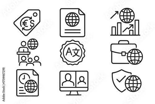 Global Investment Icons. Line style icons of International Angel Investing: Currency exchange tag, international tax file,