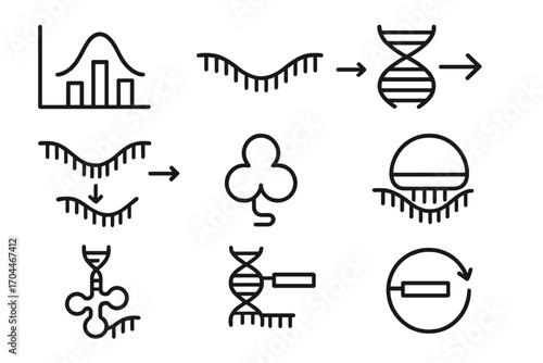 Genetic Engineering Icons. Line style icons of genetic engineering: gene expression graph, mRNA strand, transcription icon,