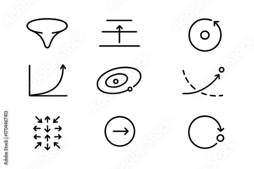 Astrophysics Icon Set. Line style icons of astrophysics: gravitational potential well, energy state diagram, angular momentum