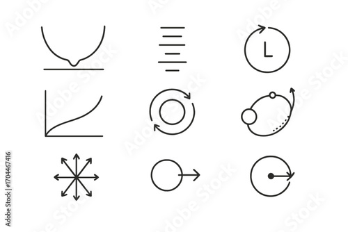 Astrophysics Icon Set. Line style icons of astrophysics: gravitational potential well, energy state diagram, angular momentum