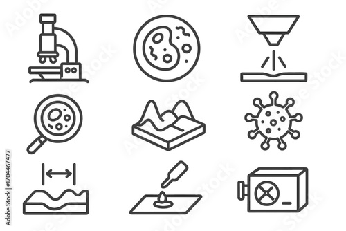 Microscopic Icon Set. Line style icons of microbiology: electron microscope, transmission view, scanning electron beam, ultra-zoom