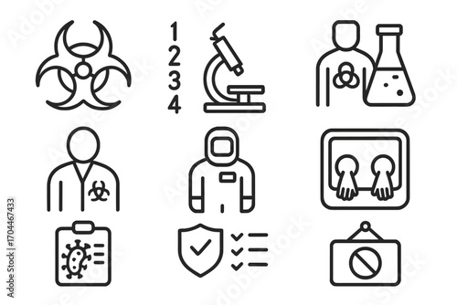 Microbiology Icons. Line style icons of microbiology: biohazard symbol, biosafety levels, level 1 icon, level 2 lab, level 3 suit,
