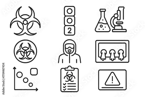 Microbiology Icons. Line style icons of microbiology: biohazard symbol, biosafety levels, level 1 icon, level 2 lab, level 3 suit,