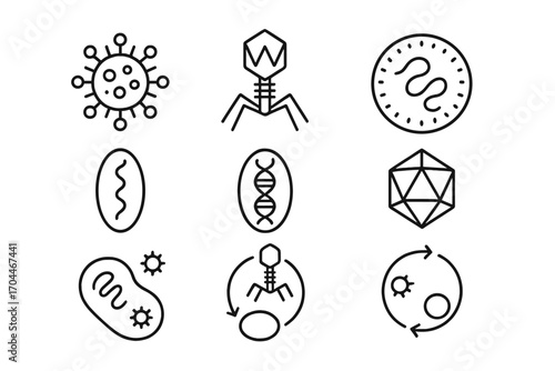 Microbiology Line Icons. Line style icons of microbiology: virus structure, bacteriophage icon, viral envelope, RNA virus, DNA