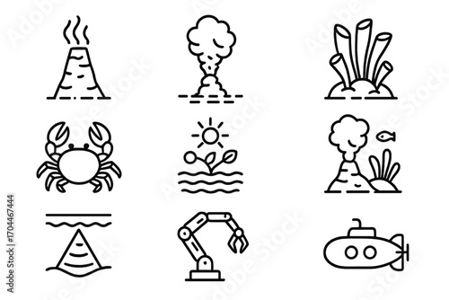 Marine Biology Icons. Line style icons of marine biology: deep sea vent, hydrothermal plume, tube worm colony, deep-sea crab,