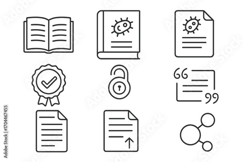 Microbiology Icon Set. Line style icons of microbiology: scientific publication, microbiology journal, research paper icon, peer