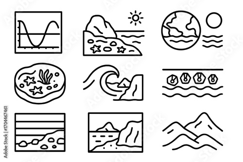 Marine Biology Icons. Line style icons of marine biology: tide chart, intertidal zone icon, spring tide, neap tide, tidal pool