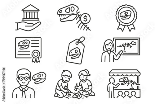 Paleontology Icons Collection. Line style icons of paleontology: museum donation, fossil sponsor icon, preservation fund badge,