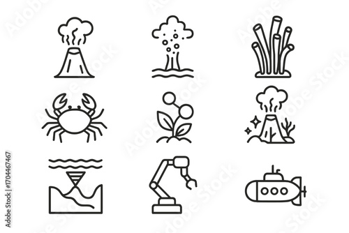 Marine Biology Icons. Line style icons of marine biology: deep sea vent, hydrothermal plume, tube worm colony, deep-sea crab,