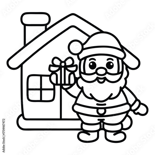 Cartoon Santa Claus holding a gift box in front of a simple house outline Christmas holiday