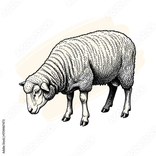 Black and white engraving sketch of sheep on light cream brush stroke, isolated on white background, vintage etching vector illustration