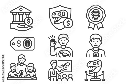 Paleontology Icons Collection. Line style icons of paleontology: museum donation, fossil sponsor icon, preservation fund badge,