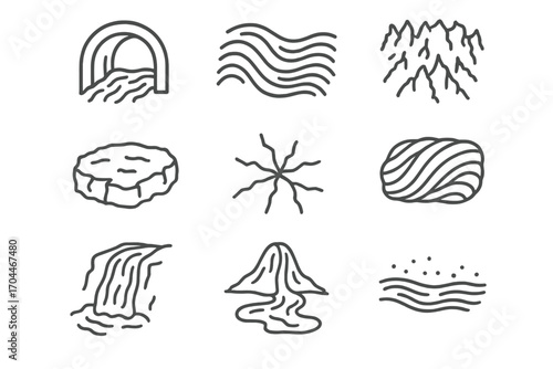 Volcanology Line Icons. Line style icons of volcanology: lava tube, pahoehoe lava, aa lava, lava crust, cooling crack, ropey