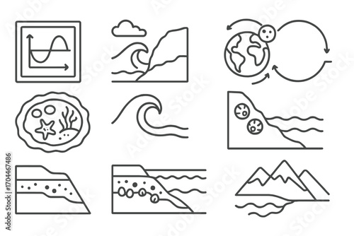 Marine Biology Icons. Line style icons of marine biology: tide chart, intertidal zone icon, spring tide, neap tide, tidal pool