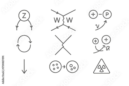 Particle Physics Icons. Line style icons of particle physics: weak force icon, W boson exchange, beta decay diagram, parity