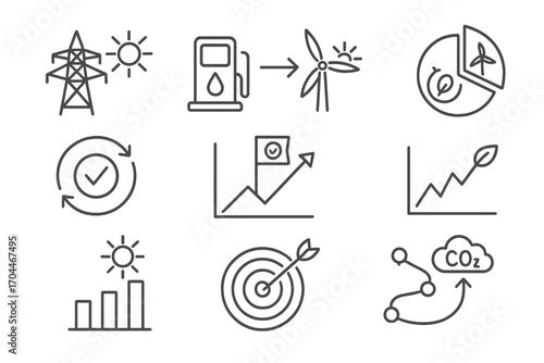 Renewable Energy Icons. Line style icons of renewable energy: energy transition icon, fossil to renewables, energy mix chart,