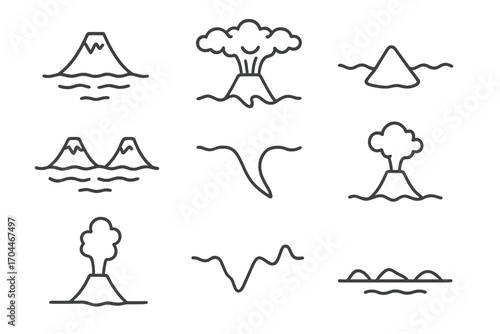 Volcanology Line Icons. Line style icons of volcanology: volcanic island formation, underwater eruption, seamount icon, island arc