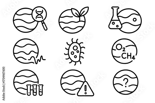 Exoplanet Icon Set. Line style icons of exoplanets: biosignature detection, life indicator icon, atmospheric biomarker, spectral