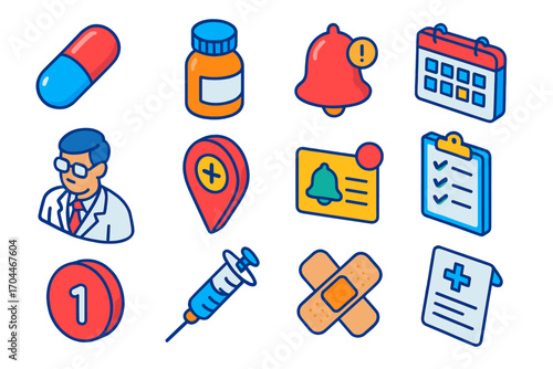Medical Reminder Icons. Isometric vector illustration set Medical check reminders: pill icon, medicine bottle, appointment