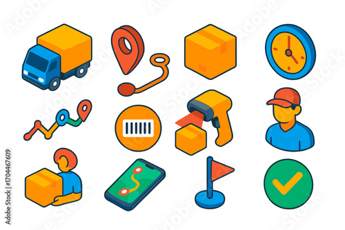 Delivery Icons Set. Isometric vector illustration set Delivery navigation: delivery truck, map pin, route path, package icon, ETA