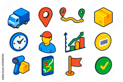 Delivery Icons Set. Isometric vector illustration set Delivery navigation: delivery truck, map pin, route path, package icon, ETA
