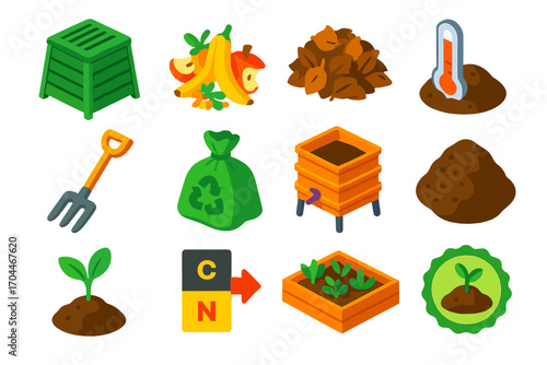 Composting Essentials Icons. Isometric vector illustration set Composting: compost bin, kitchen scraps, leaves pile, compost