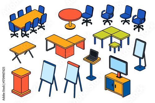 Vibrant Meeting Furniture Icons. Isometric vector illustration set Meeting furniture: conference table, round meeting table,