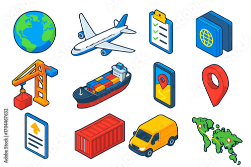 Global Shipping Icons. Isometric vector illustration set International shipping: globe icon, airplane icon, cargo ship, customs