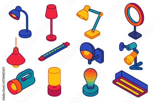 Vibrant Lamp Collection. Isometric vector illustration set Workspace lighting: desk lamp, floor lamp, adjustable arm lamp, ring