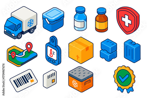 Cold Chain Icons. Isometric vector illustration set Cold chain logistics: refrigerated truck, portable fridge, vaccine vial,