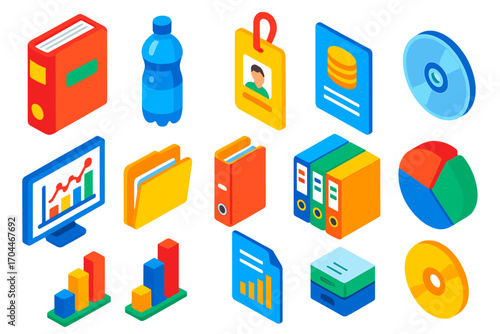 Digital Archive Tools Icons. Isometric vector illustration set Digital archive tools: archive book, water bottle, employee ID,