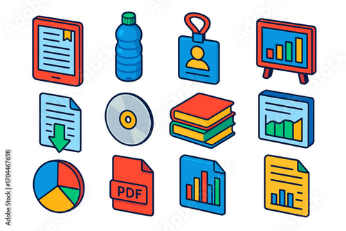 Digital Library Icons. Isometric vector illustration set Digital library: e-book reader, water bottle, member ID card, download