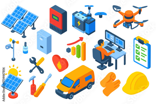 Solar and Blood Donations. Isometric vector illustration set Solar farm management: solar panels, inverter station, battery bank,