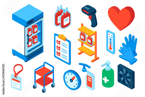 Hospital Blood Bank Essentials. Isometric vector illustration set Hospital blood bank: storage refrigerator, shelves with blood