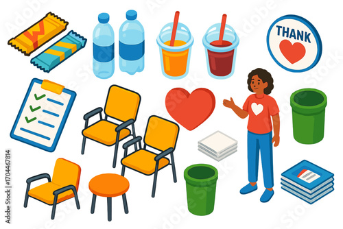 Donor Refreshment Zone. Isometric vector illustration set Donor refreshment zone: snack packs, water bottles, juice cups, thank