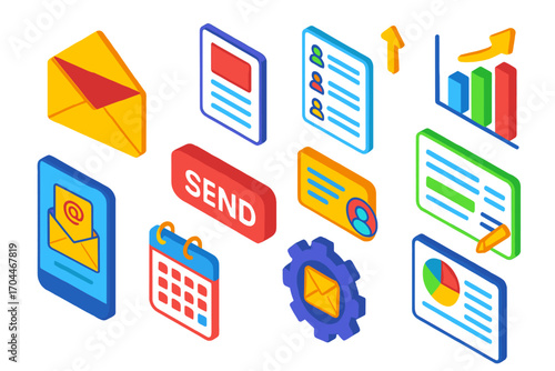 Email Marketing Elements. Isometric vector illustration set Email marketing: email envelope, newsletter template, subscriber list,