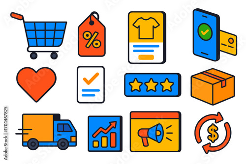 Vibrant E-commerce Icons. Isometric vector illustration set E-commerce marketing: shopping cart, discount tag, product card,